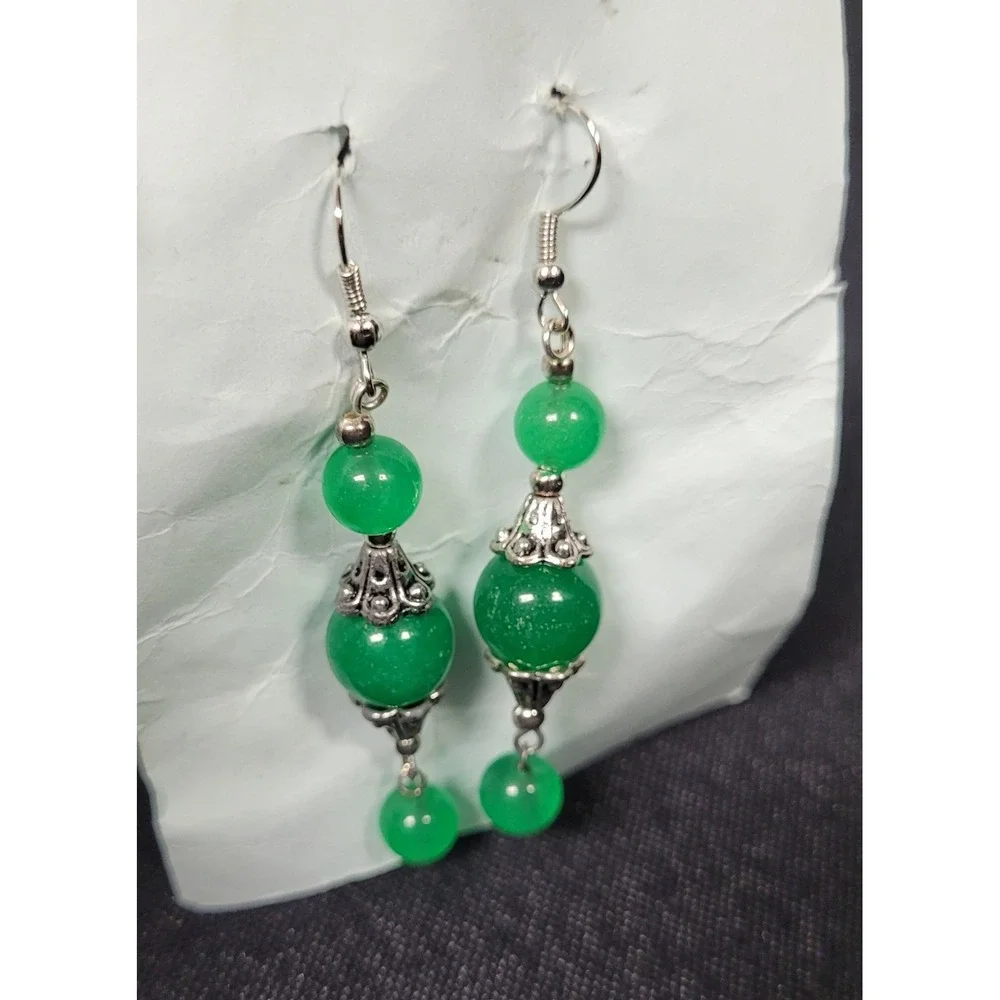 Green Jade Bead Dangle Drop Earrings with Silver-Tone Hardware
